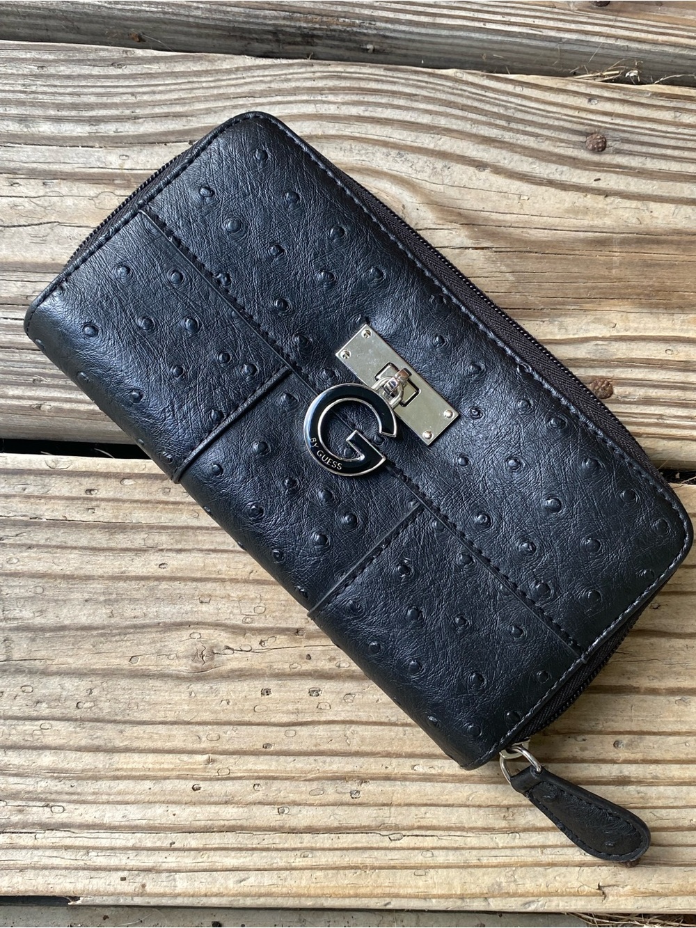 GUESS Black Ostrich-Embossed Zip Wallet with G Logo